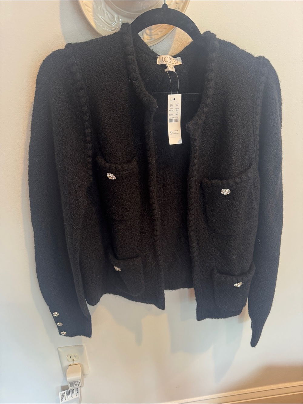 J. Crew Black Bouclé Pocket Cardigan with Crystal Buttons